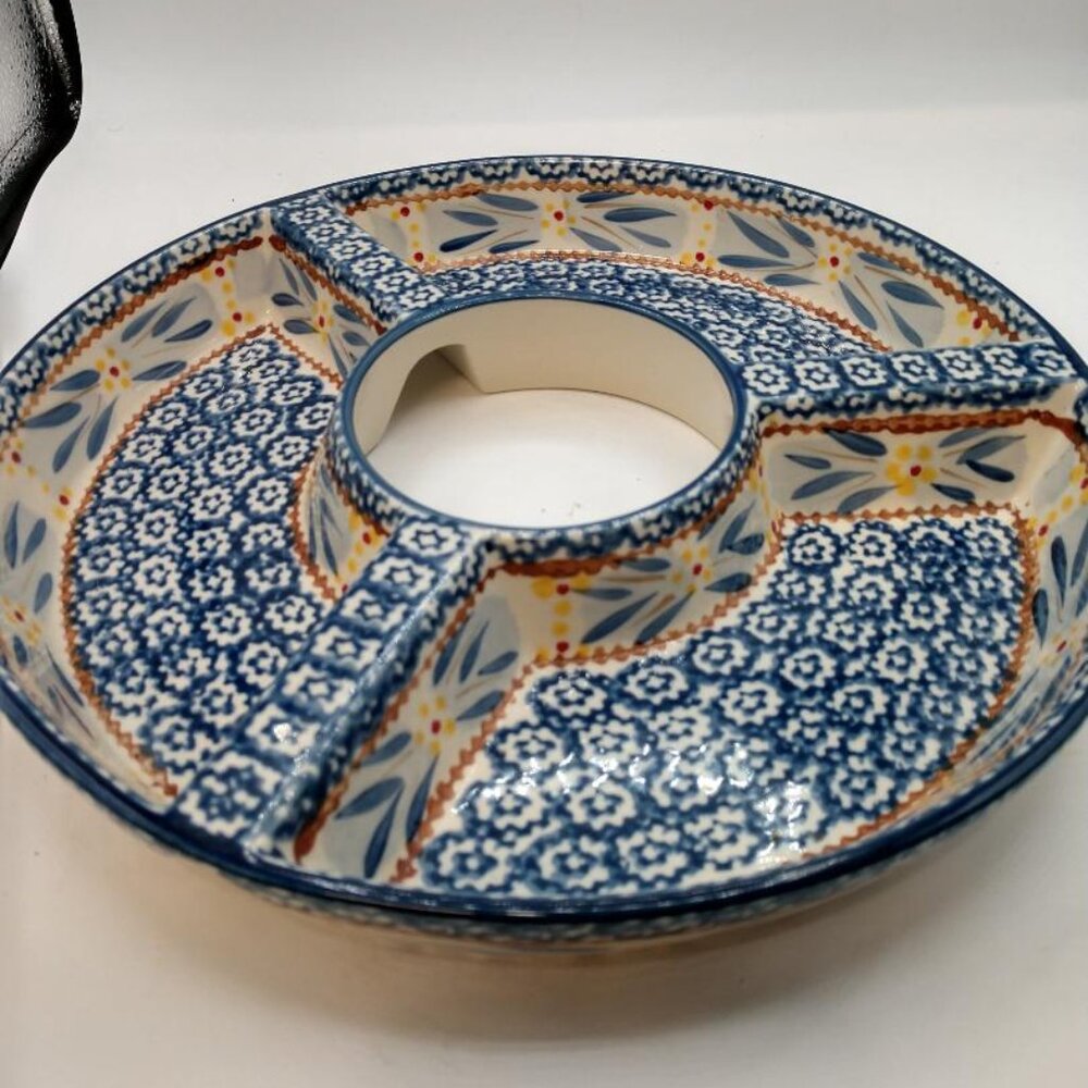 Old World Blue Temptations Chip and Dip/Vegetable 3 section 12" x 2"